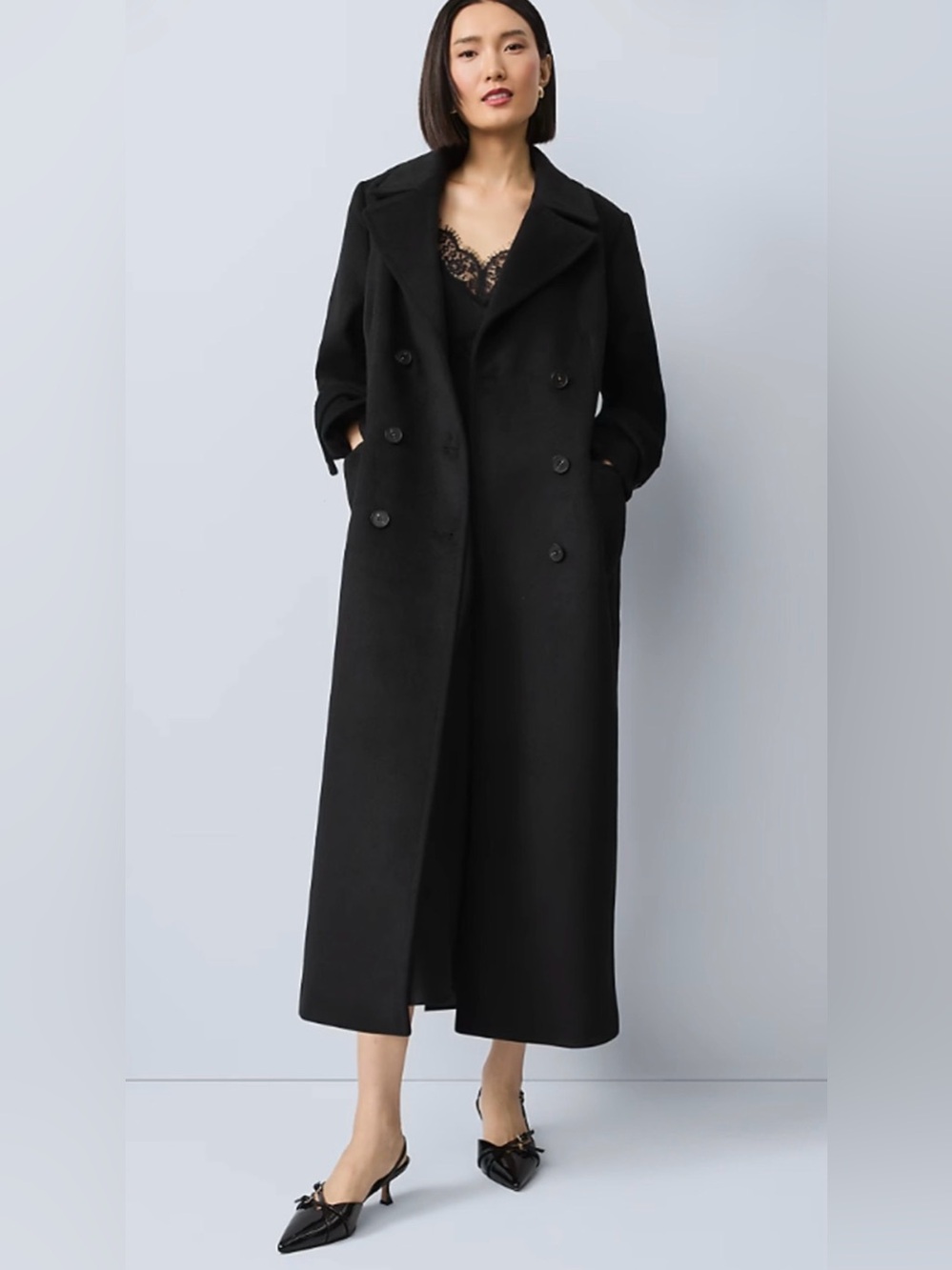 NWT ANN TAYLOR BLACK FITTED DOUBLE BREASTED LONG TRENCH COAT SZ S